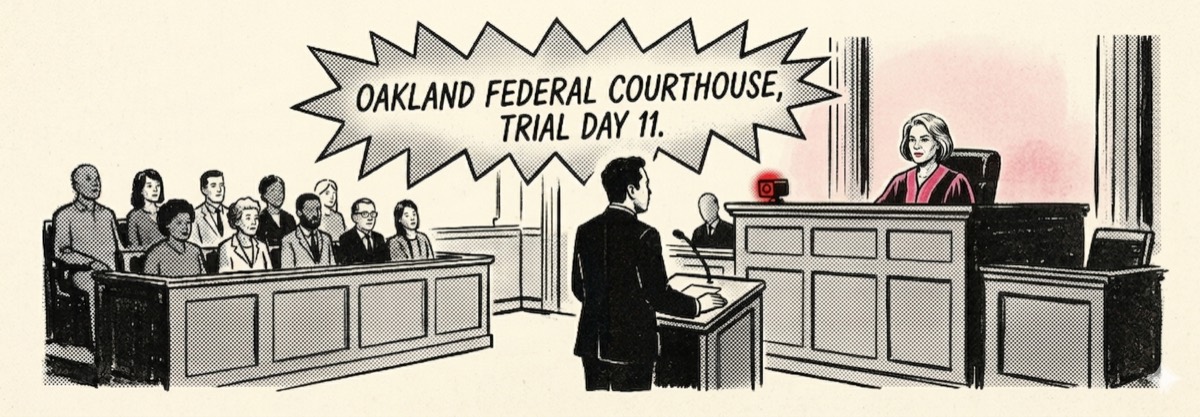 Illustration of the Oakland federal courtroom on trial day 11 — jury at left, lawyer addressing the bench, judge presiding