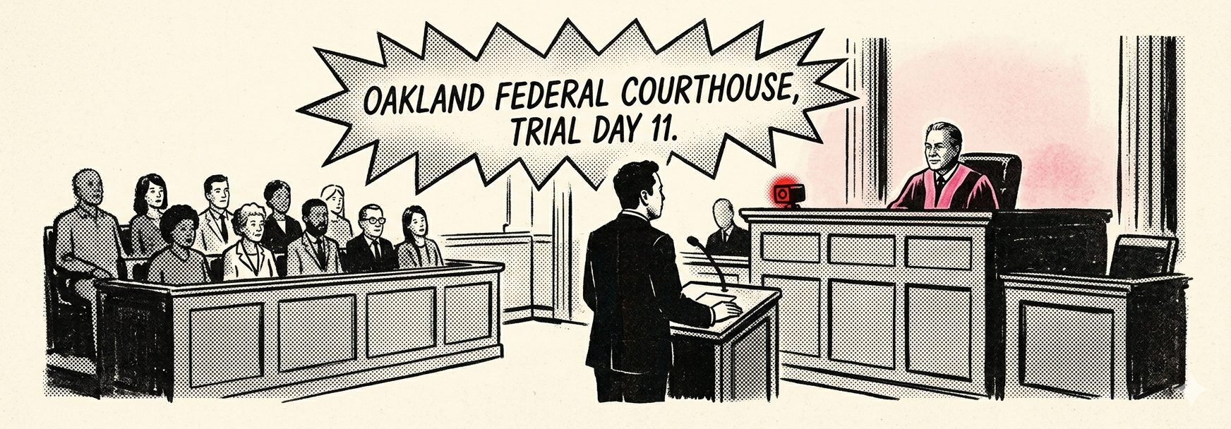 Illustration of the Oakland federal courtroom on trial day 11 — jury at left, lawyer addressing the bench, judge presiding
