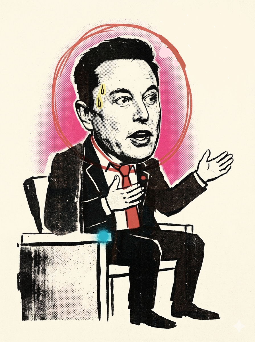 Illustration of Elon Musk on the witness stand — original halftone artwork by Compute!