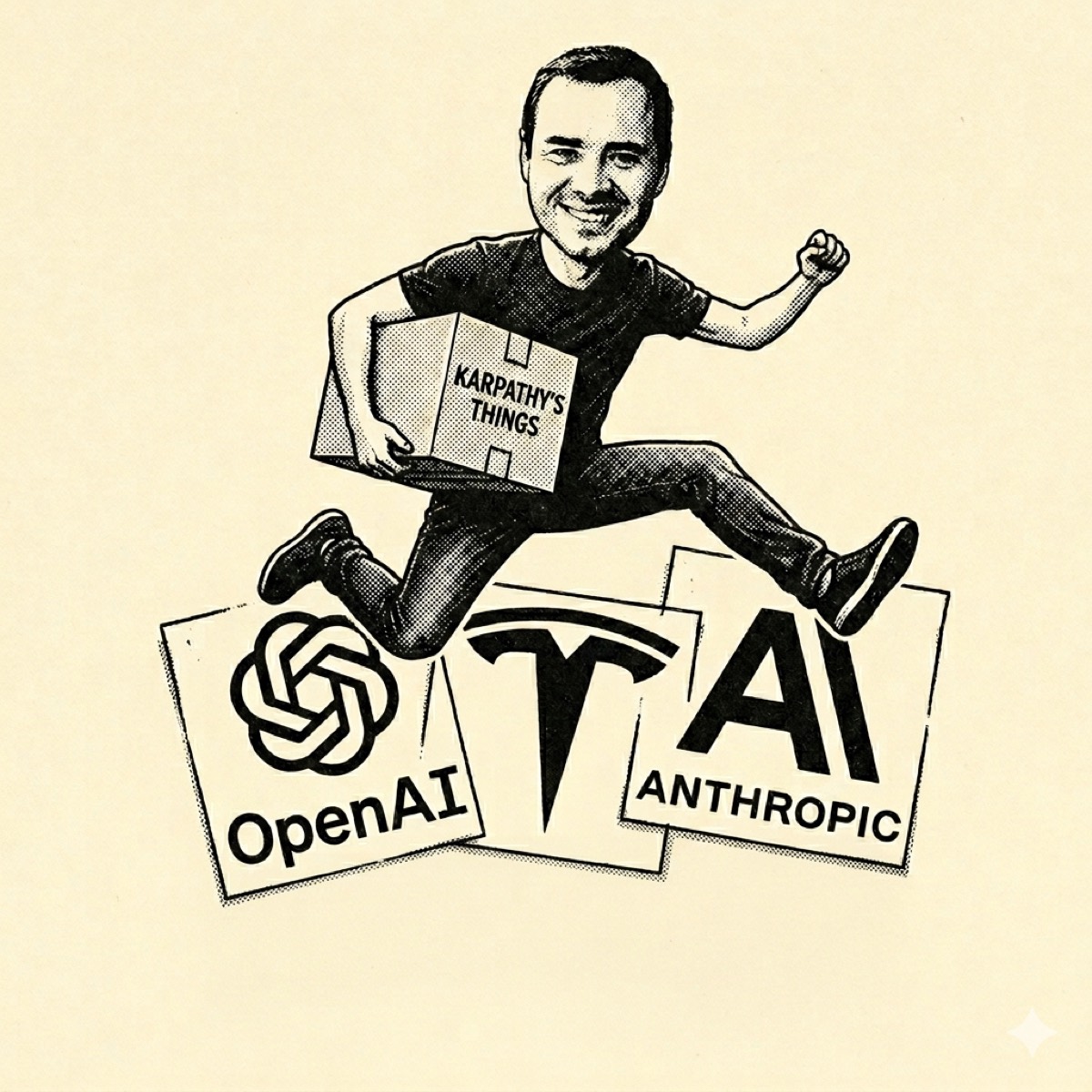 Andrej Karpathy mid-leap between OpenAI, Tesla and Anthropic logos — illustrated cover, Compute! Issue №2, June 2026.