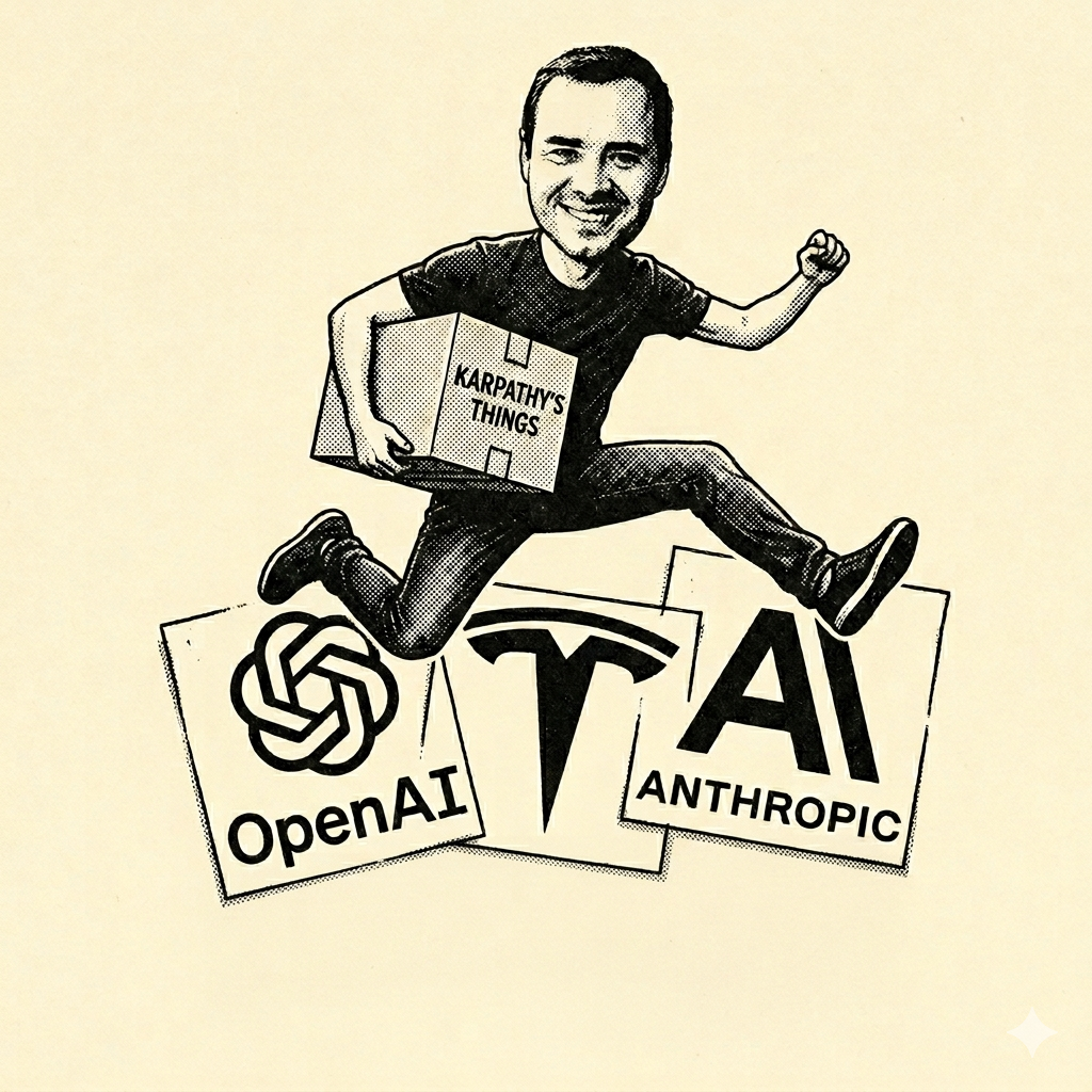 Andrej Karpathy mid-leap between OpenAI, Tesla and Anthropic logos — illustrated cover, Compute! Issue №2, June 2026.
