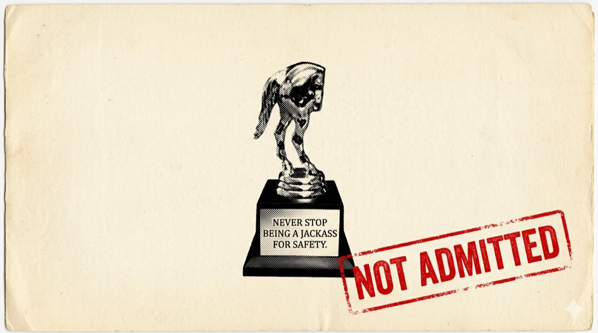 Illustration of the Golden Jackass Trophy — a back-half-of-a-donkey statue mounted on a base inscribed 'NEVER STOP BEING A JACKASS FOR SAFETY,' with a red 'NOT ADMITTED' rubber-stamp imprint.