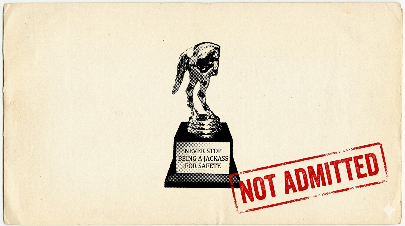 Illustration of the Golden Jackass Trophy — a back-half-of-a-donkey statue mounted on a base inscribed 'NEVER STOP BEING A JACKASS FOR SAFETY,' with a red 'NOT ADMITTED' rubber-stamp imprint.