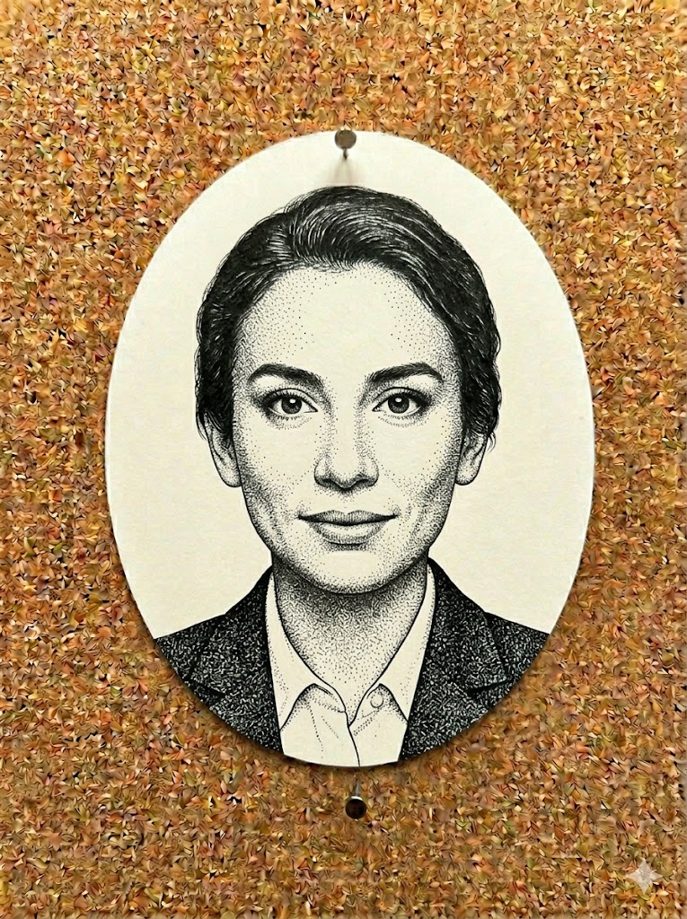Illustration of Mira Murati — original halftone stippled portrait by Compute!