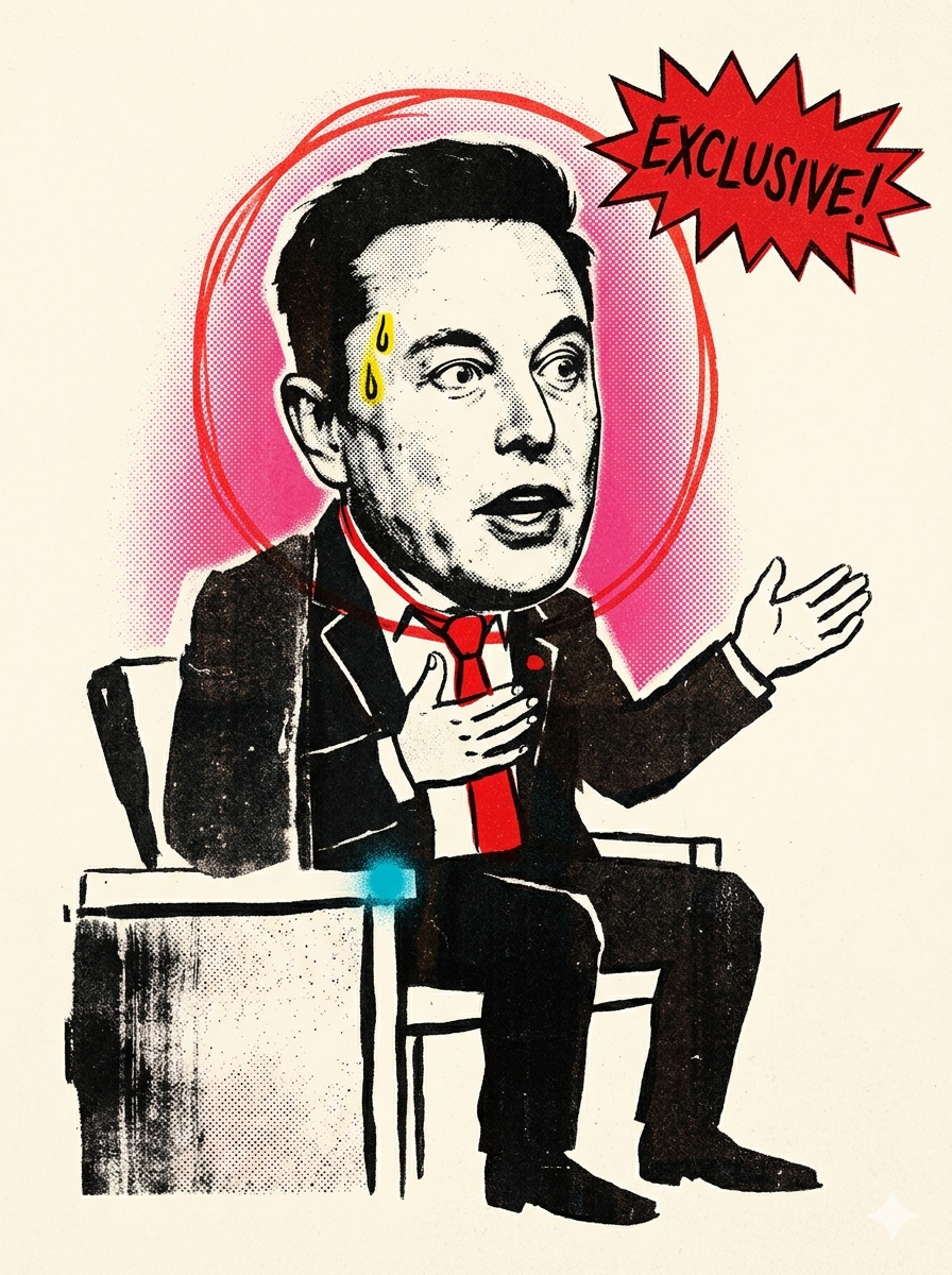 Illustration of Elon Musk on the witness stand, mid-gesture, with an 'EXCLUSIVE' starburst