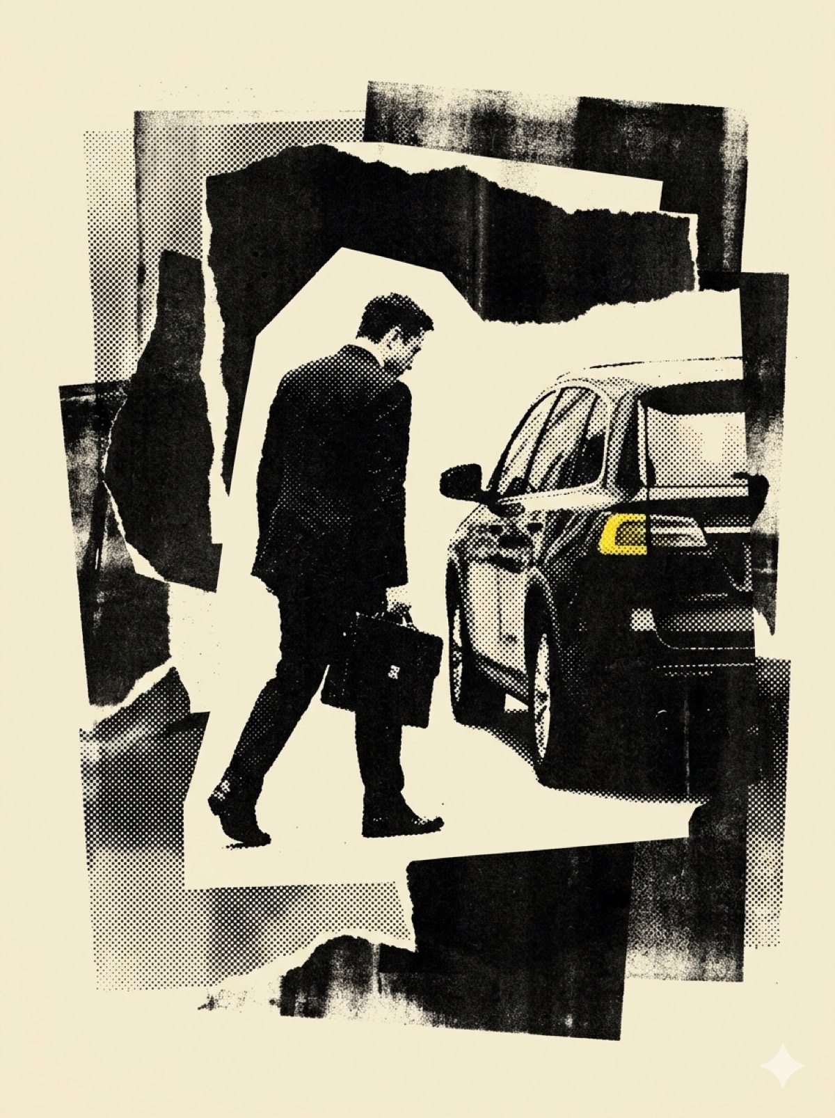 Illustration of Musk leaving the courthouse beside a black SUV, in a torn-paper photocollage style