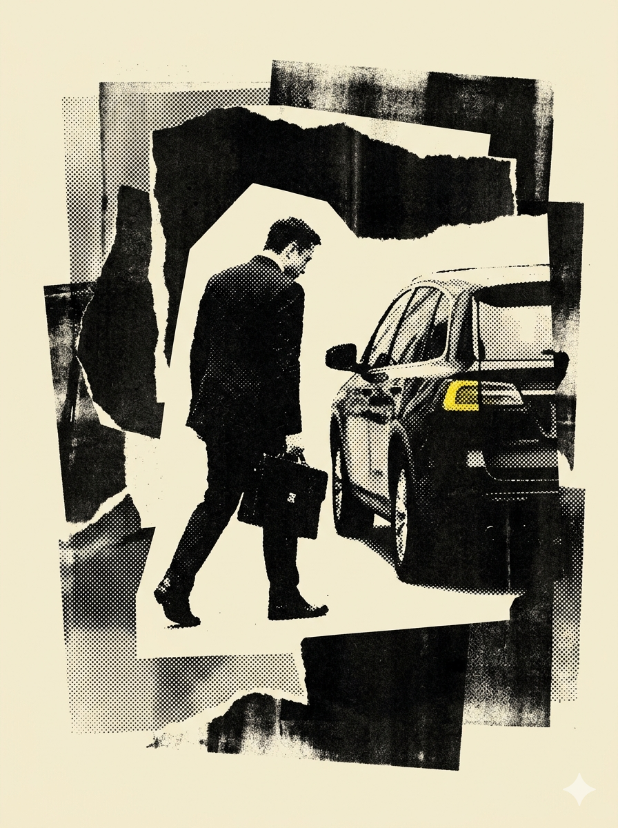 Illustration of Musk leaving the courthouse beside a black SUV, in a torn-paper photocollage style