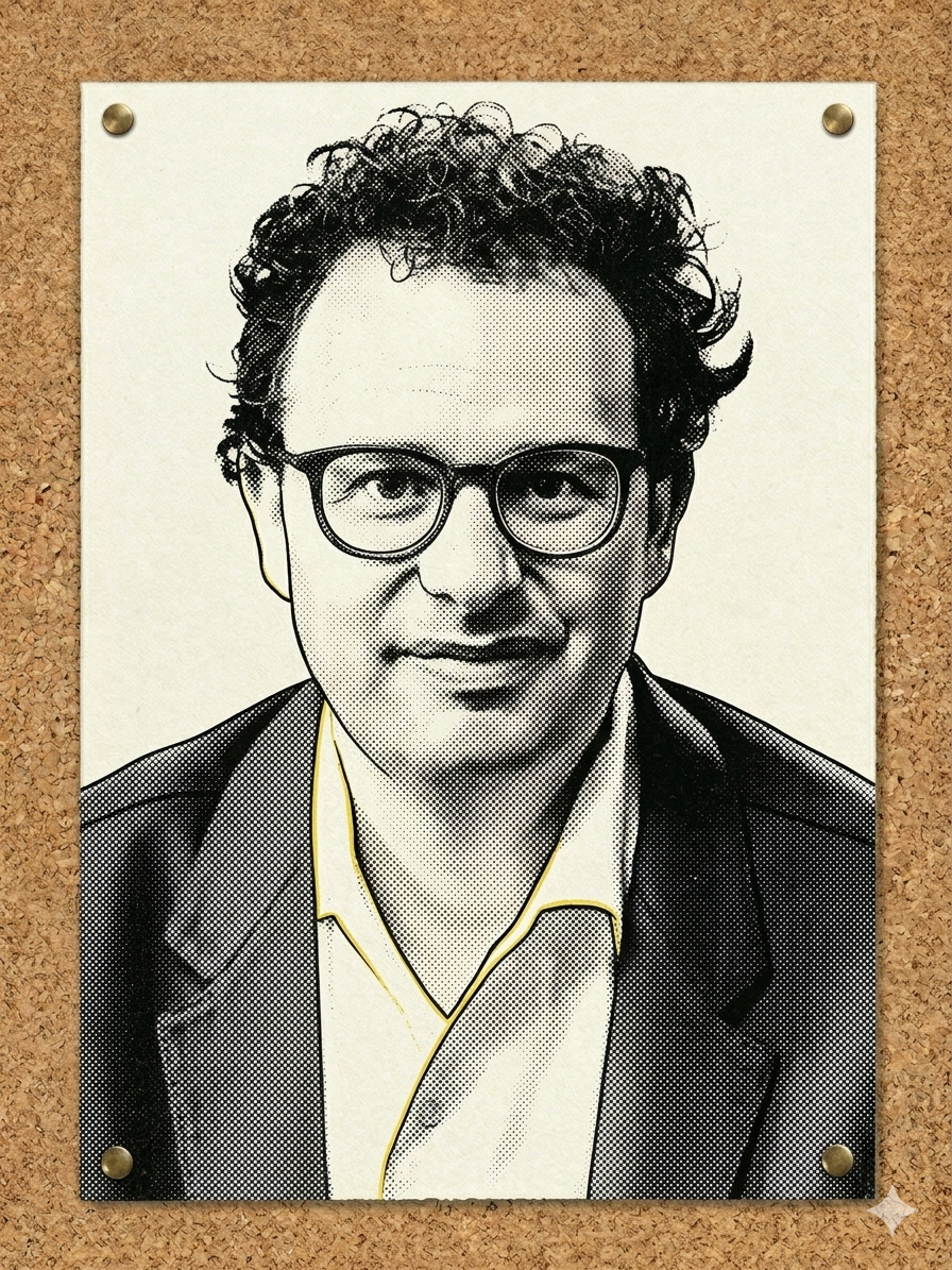 Illustration of Dario Amodei — original halftone portrait by Compute!