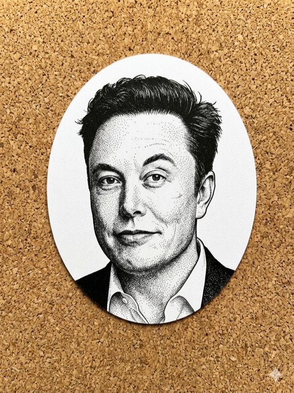 Elon Musk, who recruited Karpathy from OpenAI to Tesla in 2017 — illustrated stipple portrait.