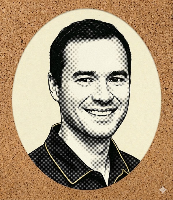 Andrej Karpathy, who joined Anthropic on 19 May 2026 — illustrated stipple portrait, dead centre of the corkboard.